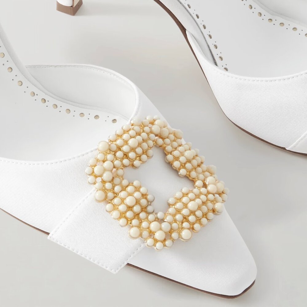 Manolo Blahnik White Pearl-Embellished Slingback Heels - Picture 5 of 15